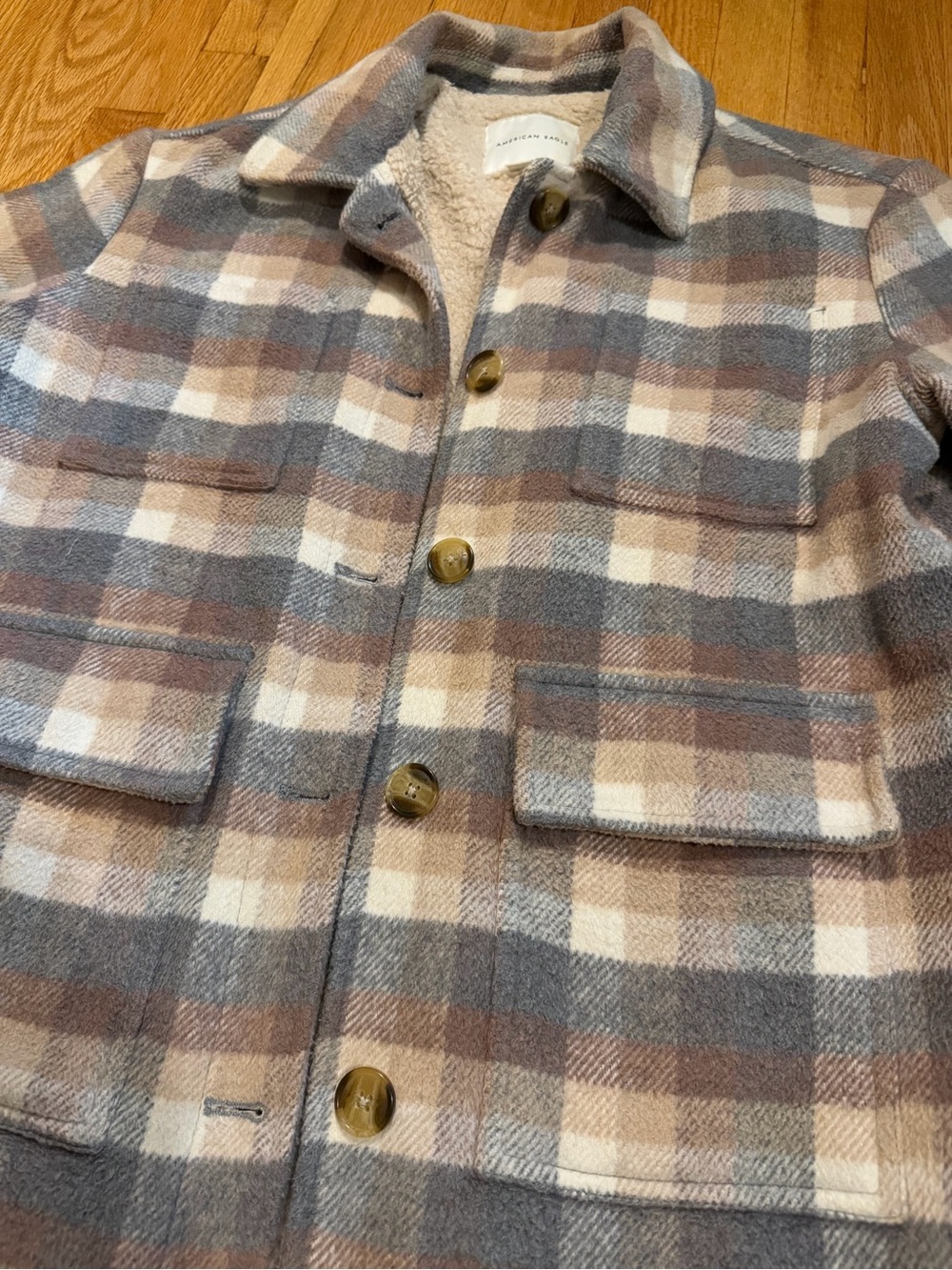 American Eagle Outfitters Plaid Sherpa-Lined Peacoat - Gray & Brown